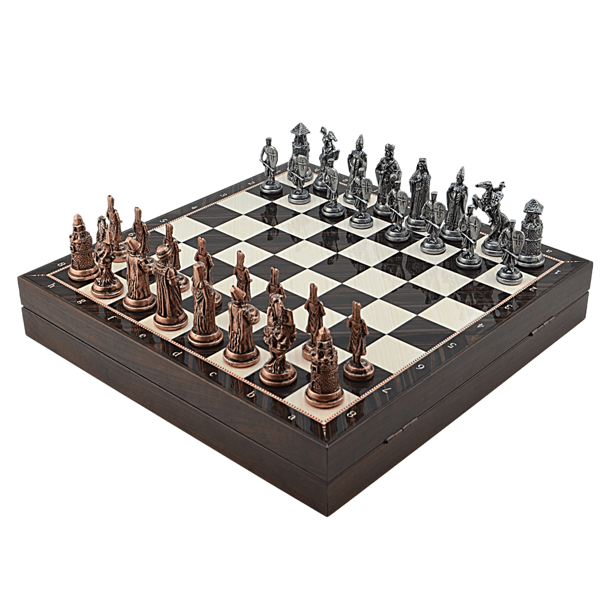 GiftHome Büyük Boy Metal OSMANLI-BİZANS Satranç Tk. Antik ve Ceviz Desenli Sandıklı MDF Tahtası(36X36 cm.) 