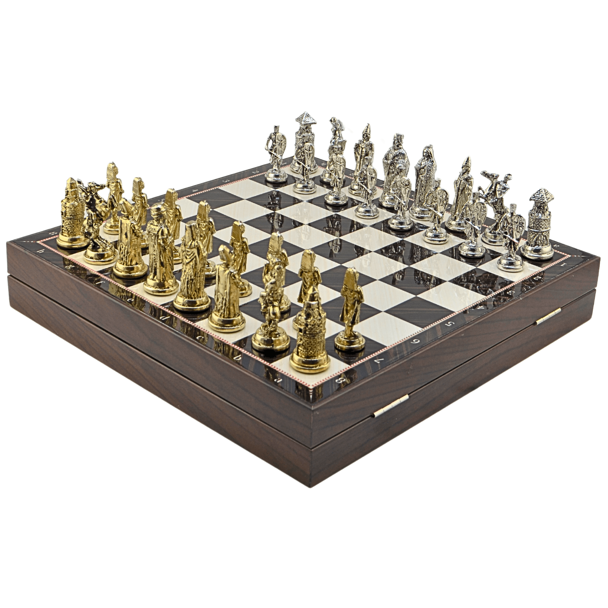 GiftHome Büyük Boy Metal OSMANLI-BİZANS Satranç Tk. Parlak ve Ceviz Desenli Sandıklı MDF Tahtası(36X36 cm.) 