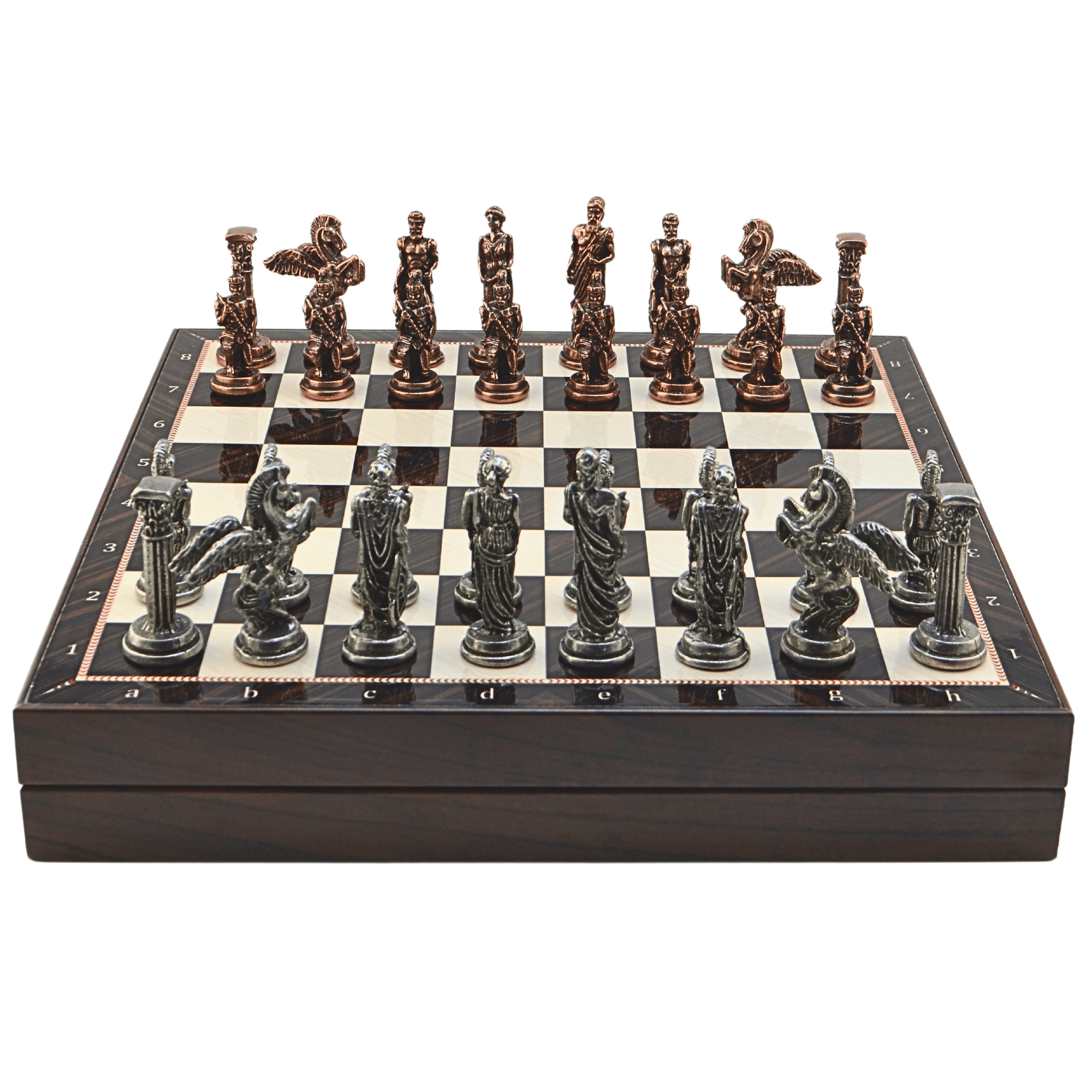 GiftHome Büyük Boy Metal PEGASUS Satranç Tk. Antik ve Ceviz Desenli Sandıklı MDF Tahtası(36X36X6 cm.) 