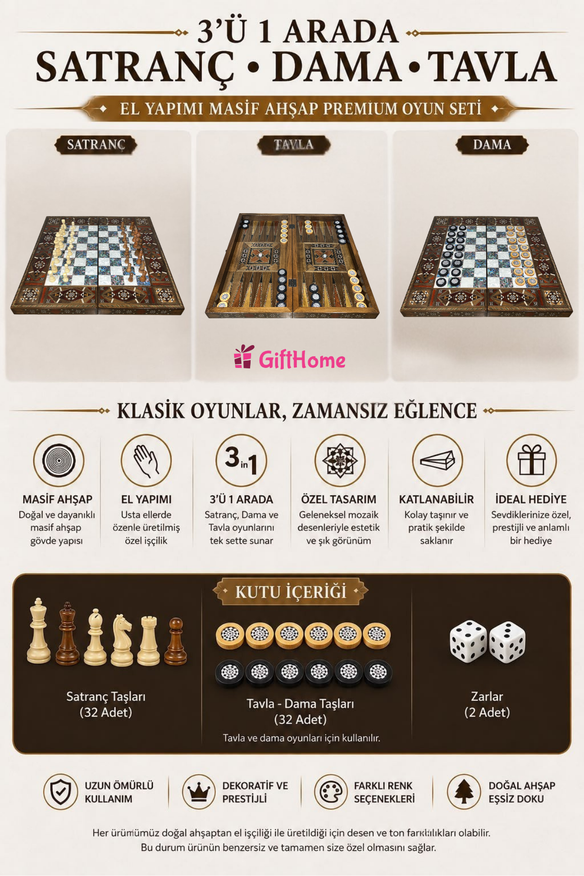 Gifthome El Yapımı Masif Ahşap SATRANÇ, TAVLA ve DAMA SETİ | 3'ü 1 Arada Premium Oyun Takımı