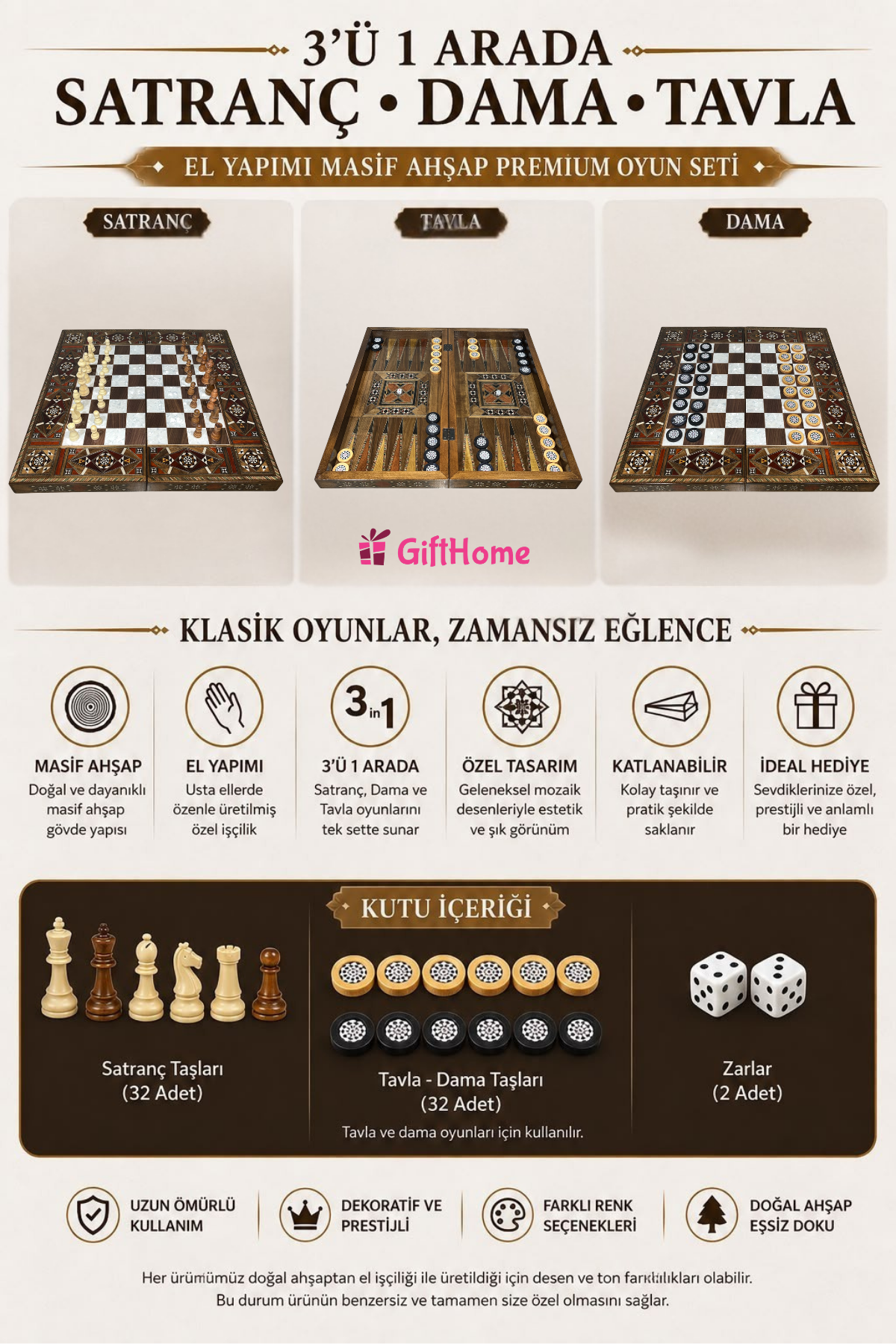 Gifthome El Yapımı Masif Ahşap SATRANÇ, TAVLA ve DAMA SETİ | 3'ü 1 Arada Premium Oyun Takımı