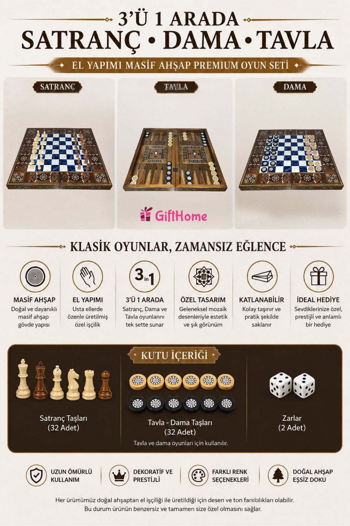 Gifthome El Yapımı Masif Ahşap SATRANÇ, TAVLA ve DAMA SETİ | 3'ü 1 Arada Premium Oyun Takımı