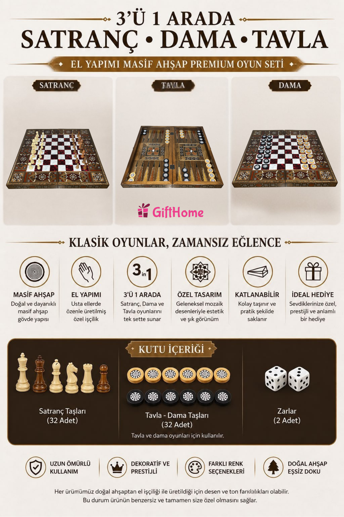 Gifthome El Yapımı Masif Ahşap SATRANÇ, TAVLA ve DAMA SETİ | 3'ü 1 Arada Premium Oyun Takımı