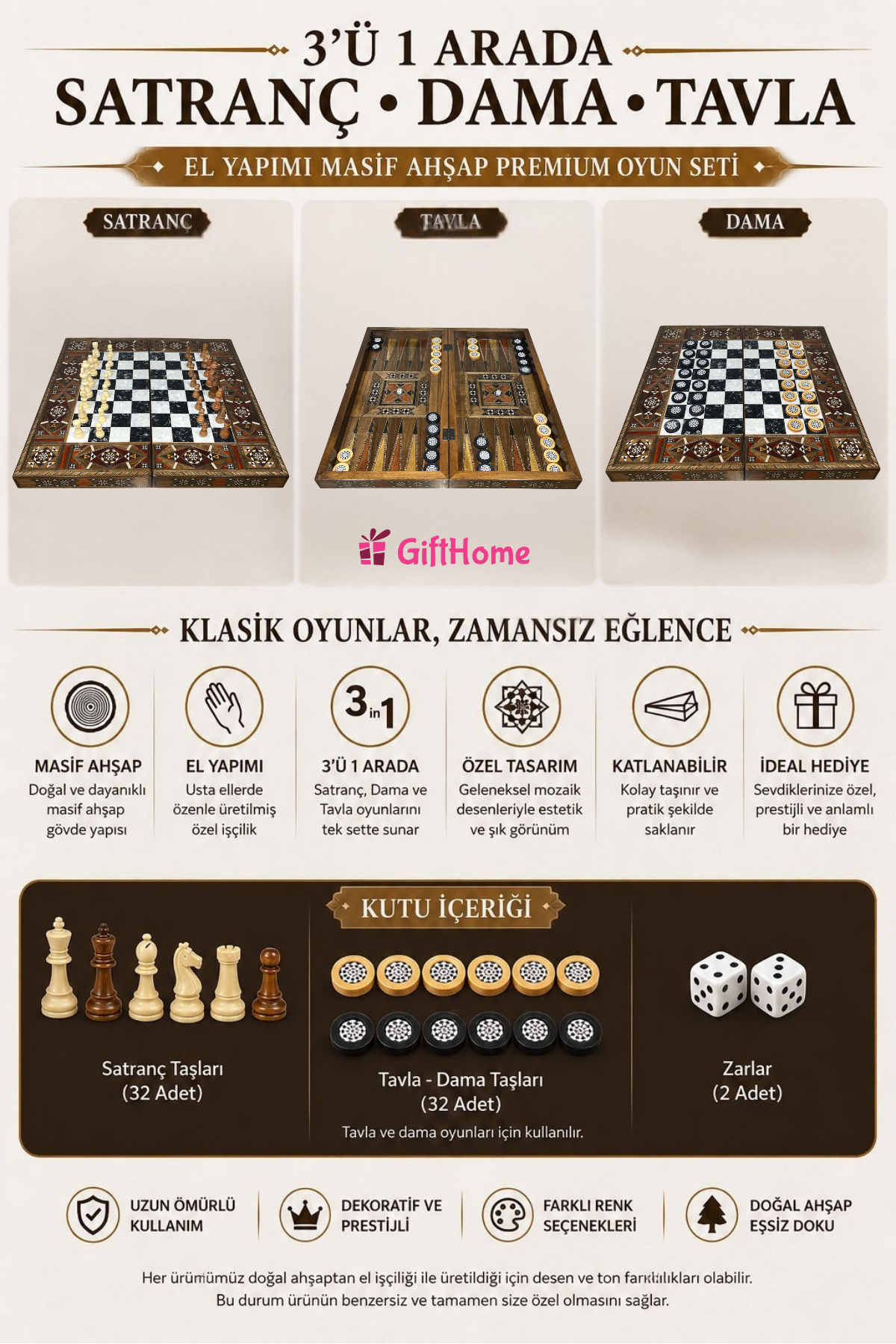 Gifthome El Yapımı Masif Ahşap SATRANÇ, TAVLA ve DAMA SETİ | 3'ü 1 Arada Premium Oyun Takımı