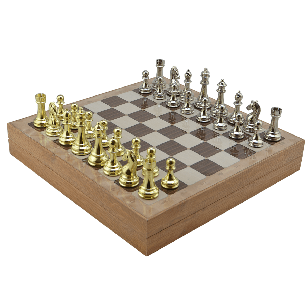 GiftHome Metal KLASİK Satranç Takımı Parlak ve Rustik Desenli MDF Sandıklı Satranç Tahtası (36X36X6 cm.)