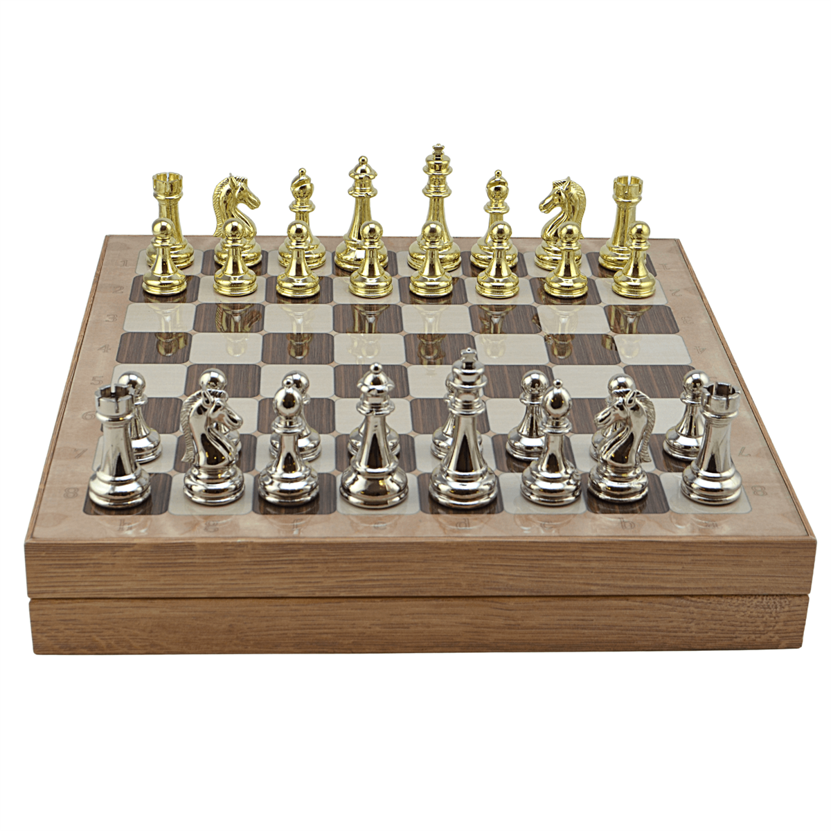 GiftHome Metal KLASİK Satranç Takımı Parlak ve Rustik Desenli MDF Sandıklı Satranç Tahtası (36X36X6 cm.)