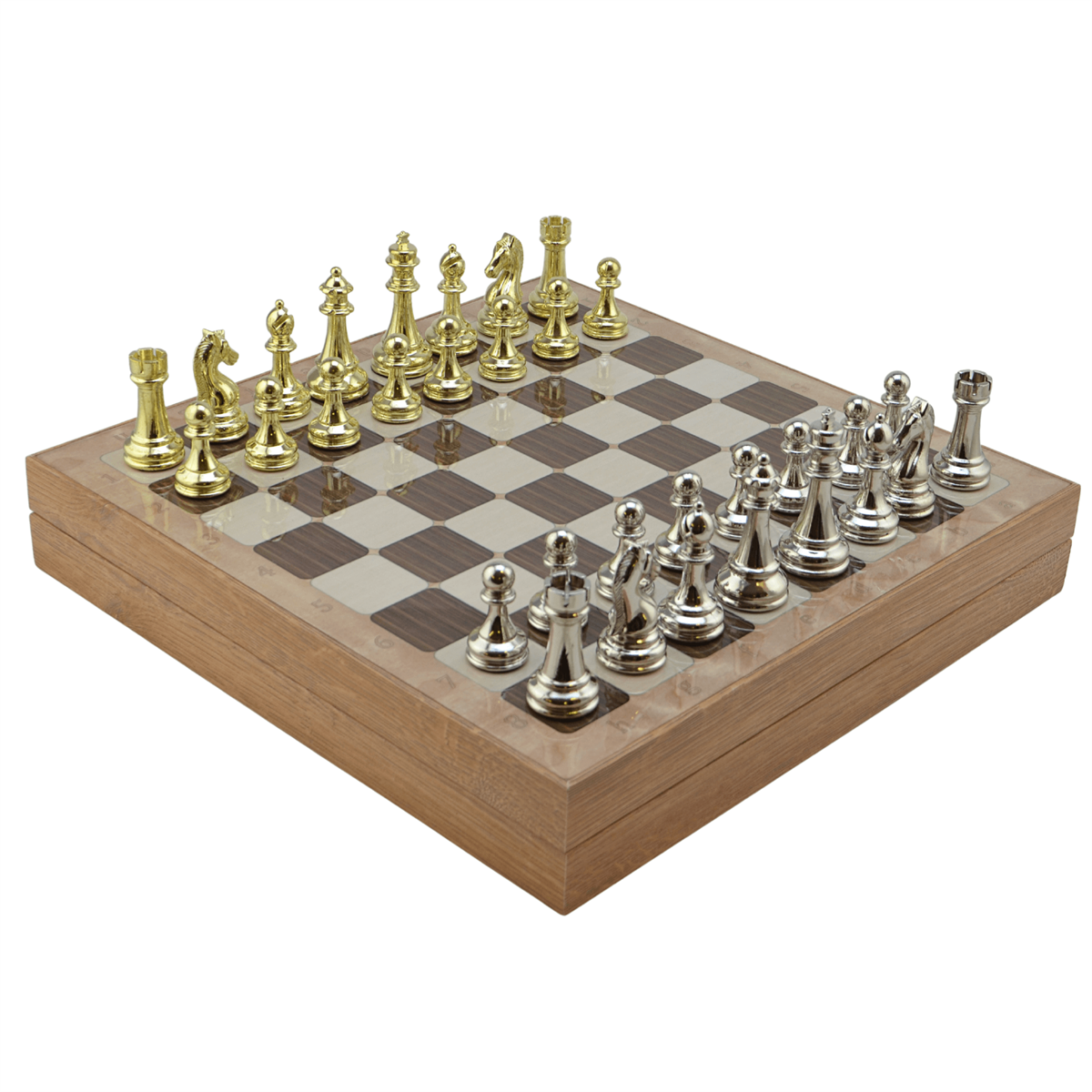 GiftHome Metal KLASİK Satranç Takımı Parlak ve Rustik Desenli MDF Sandıklı Satranç Tahtası (36X36X6 cm.)