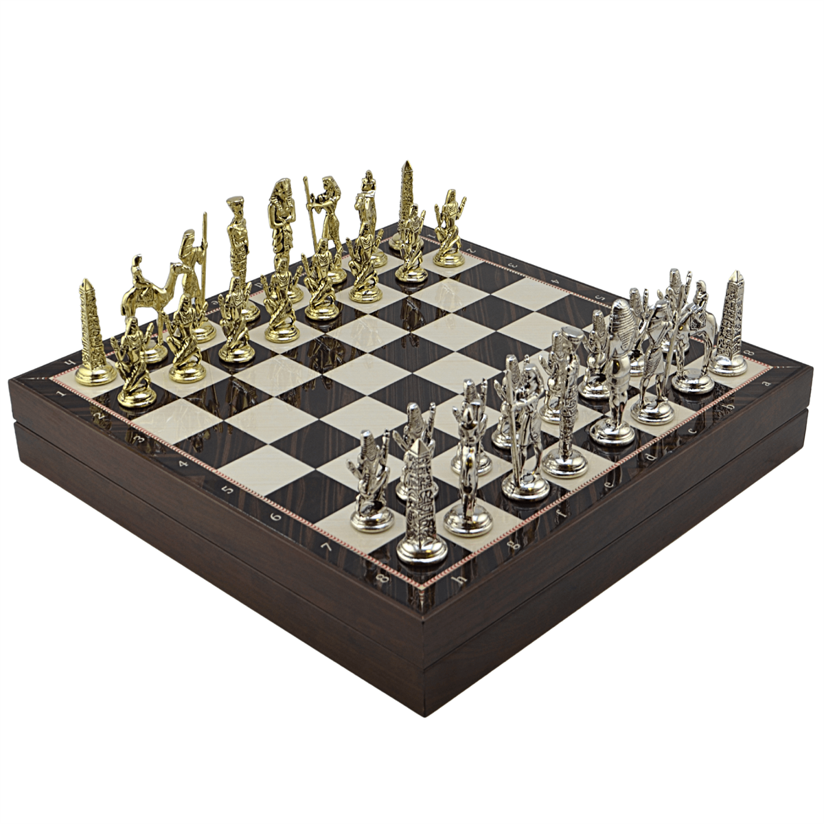 GiftHome Metal MISIR Satranç Takımı Parlak ve Ceviz Desenli MDF Sandıklı Satranç Tahtası (36X36X6 cm.)