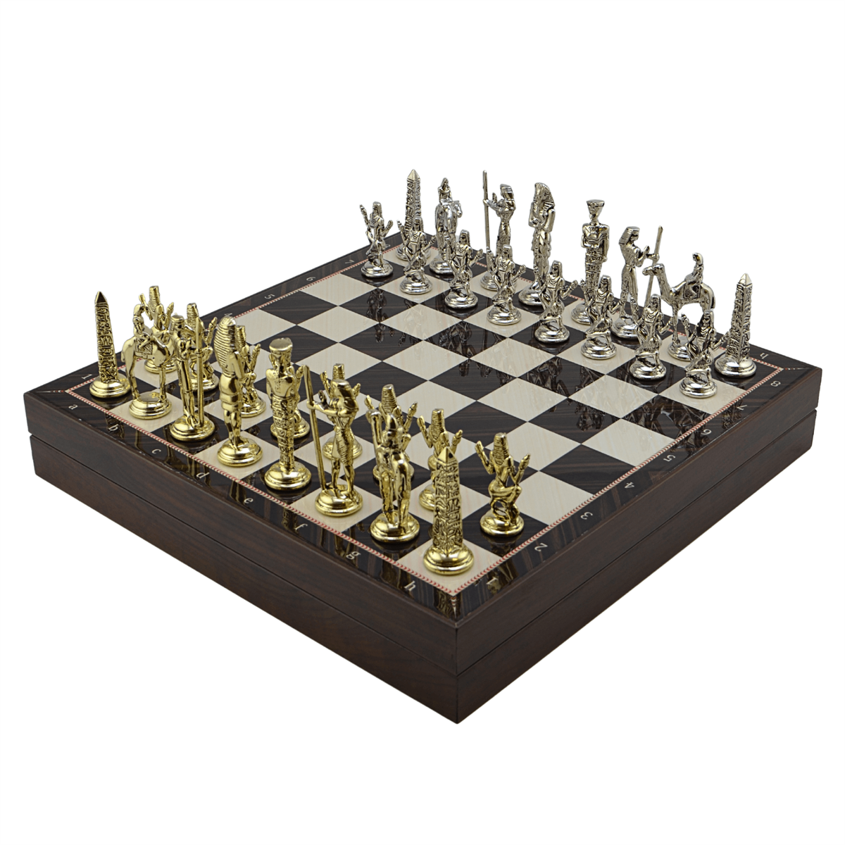 GiftHome Metal MISIR Satranç Takımı Parlak ve Ceviz Desenli MDF Sandıklı Satranç Tahtası (36X36X6 cm.)