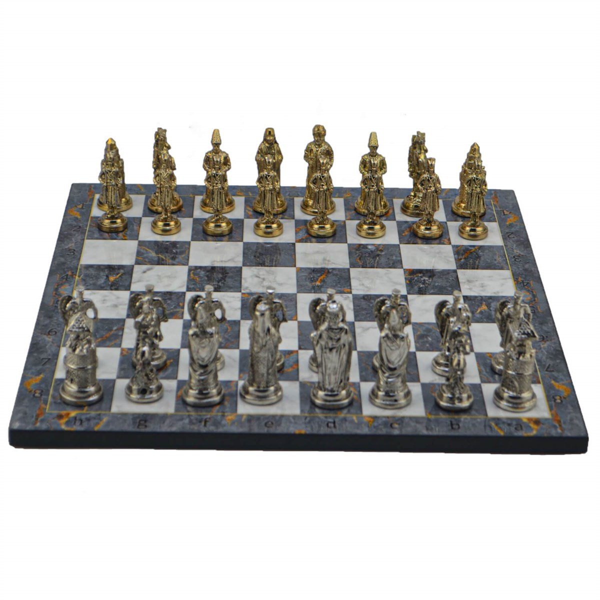 Gifthome Metal Satranç Takımı / Büyük,Osmanlı&Bizans,Parlak ve Gri Mermer Desenli Satranç Tahtası