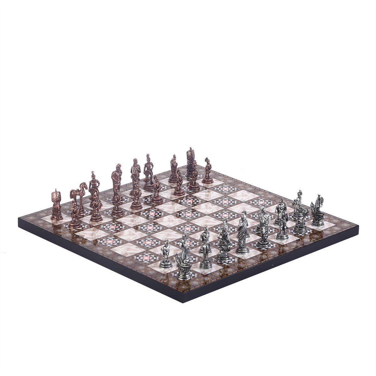 Gifthome Metal Satranç Takımı / Seti ; Küçük Boy, Truva Figürlü, Antik Satranç Taşı ve MDF, Sedef Desenli Satranç Tahtası