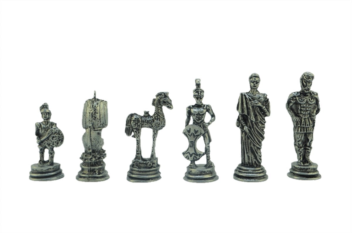 Gifthome Metal Satranç Takımı / Seti ; Küçük Boy, Truva Figürlü, Antik Satranç Taşı ve Masif, Ahşap Satranç Tahtası 