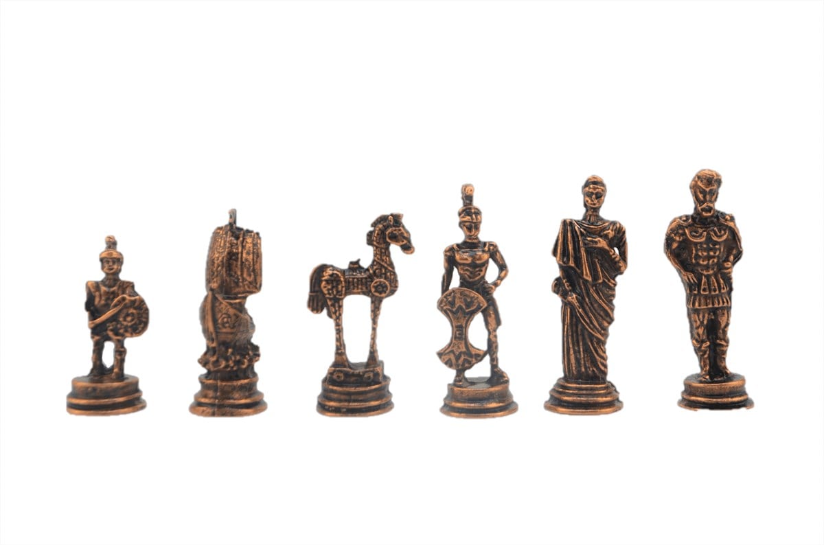 Gifthome Metal Satranç Takımı / Seti ; Küçük Boy, Truva Figürlü, Antik Satranç Taşı ve Masif, Ahşap Satranç Tahtası 