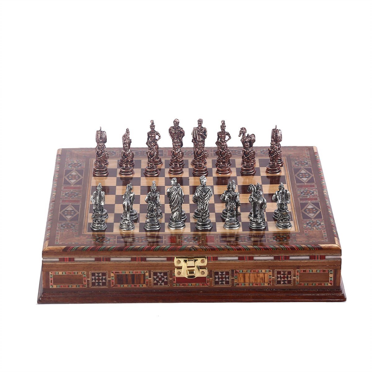 Gifthome Metal Satranç Takımı / Seti ; Küçük Boy, Truva Figürlü, Antik Satranç Taşı ve Masif, Ahşap, Sandıklı Satranç Tahtası 