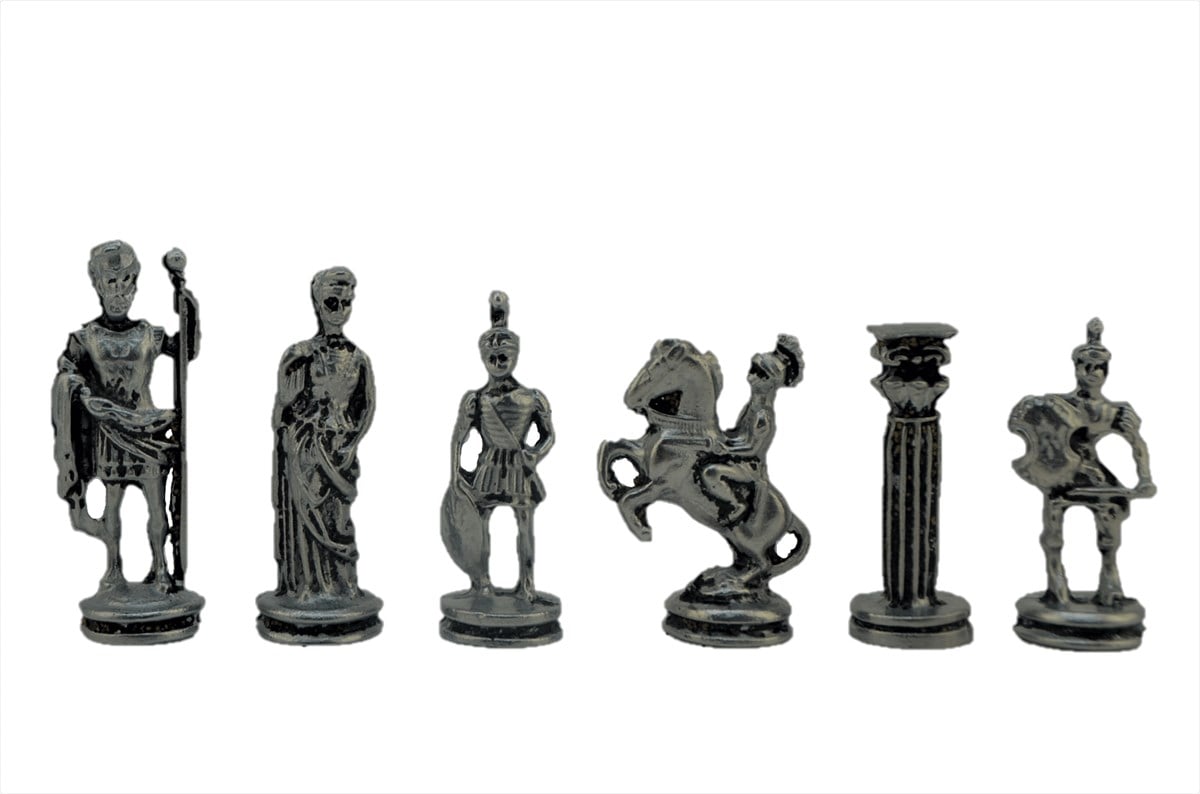 Gifthome Metal Satranç Takımı / Seti ; Küçük Boy, Roma Figürlü, Antik Satranç Taşı ve Masif, Ahşap, Sandıklı Satranç Tahtası 