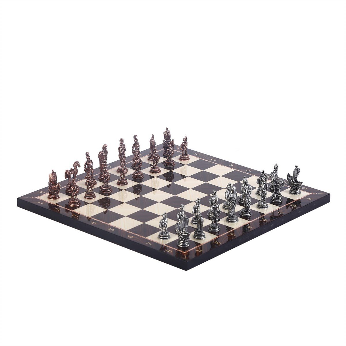Gifthome Metal Satranç Takımı / Seti ; Küçük Boy, Truva Figürlü, Antik Satranç Taşı ve MDF, Ceviz Desenli Satranç Tahtası
