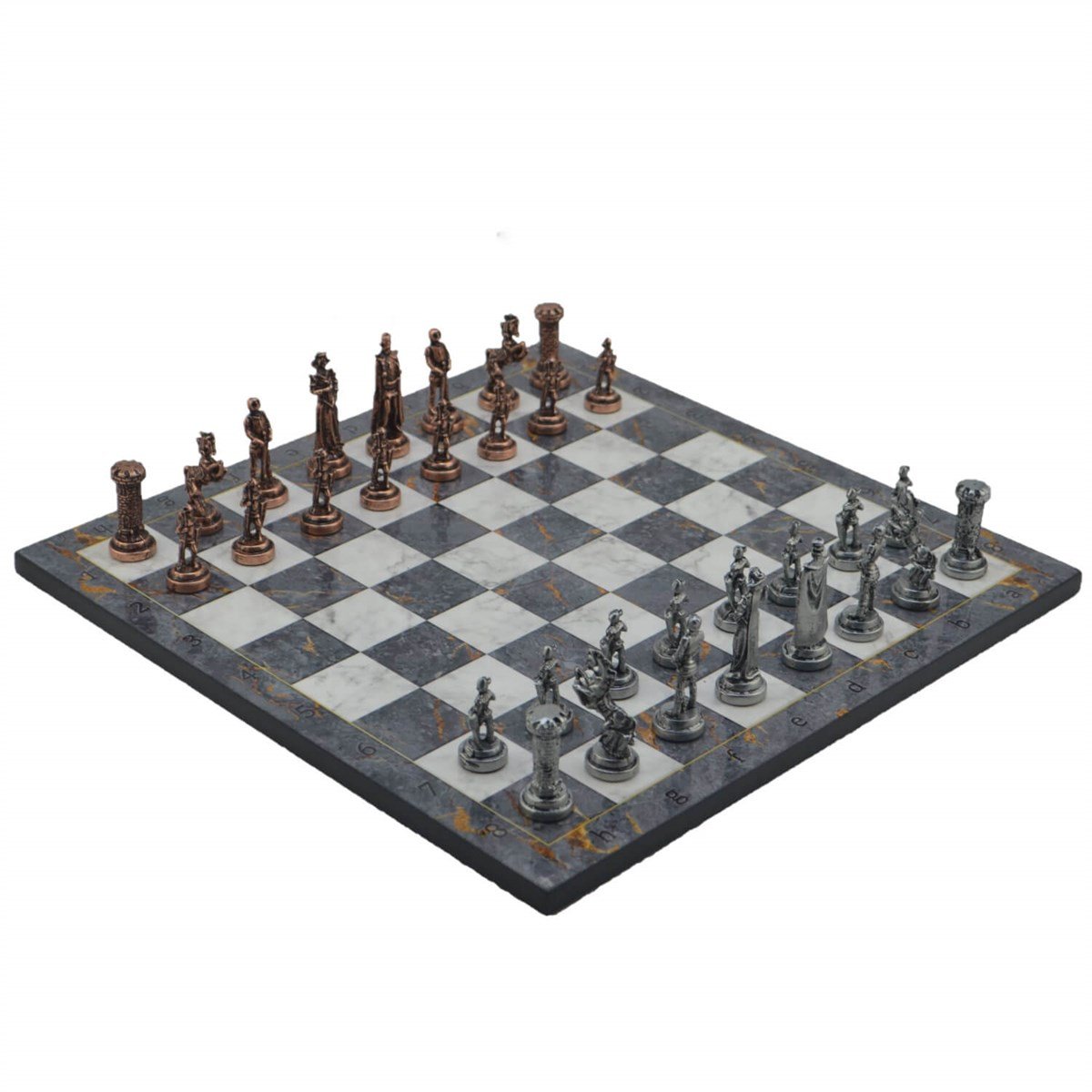 Gifthome Metal Satranç Takımı / Seti ; Orta Boy, İngiliz, Antik, Gri Mermer Desenli Satranç Tahtası