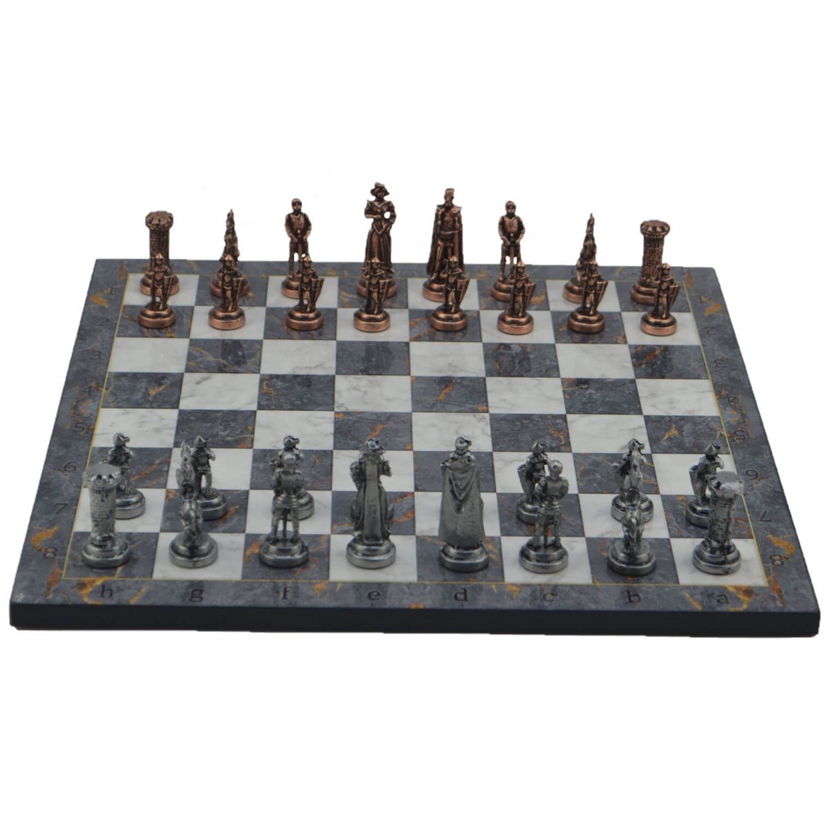 Gifthome Metal Satranç Takımı / Seti ; Orta Boy, İngiliz, Antik, Gri Mermer Desenli Satranç Tahtası