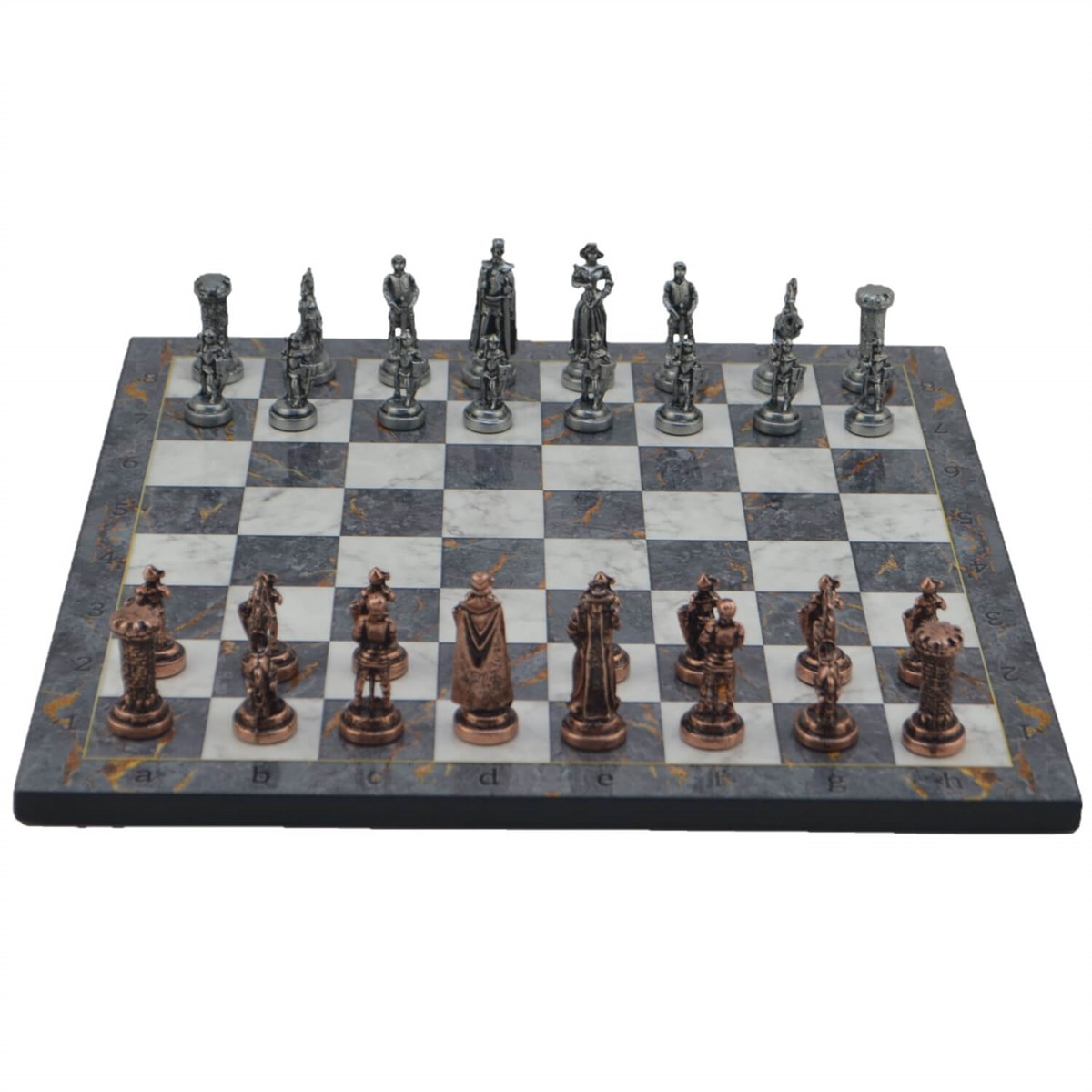 Gifthome Metal Satranç Takımı / Seti ; Orta Boy, İngiliz, Antik, Gri Mermer Desenli Satranç Tahtası