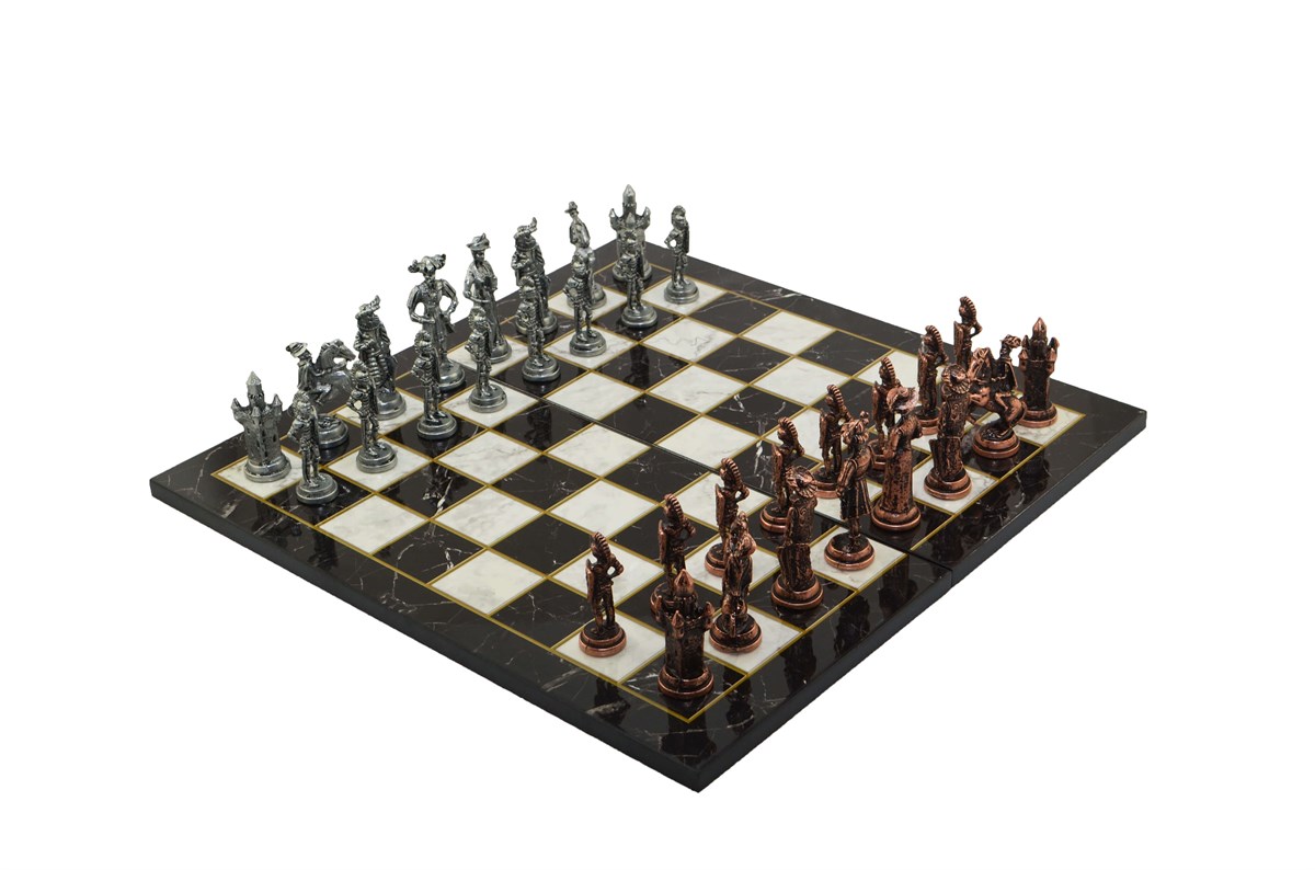Gifthome, Metal Satranç Takımı / Seti; Battal,İspanyol,Antik, Kat.Mermer Desenli Satranç Tahtası