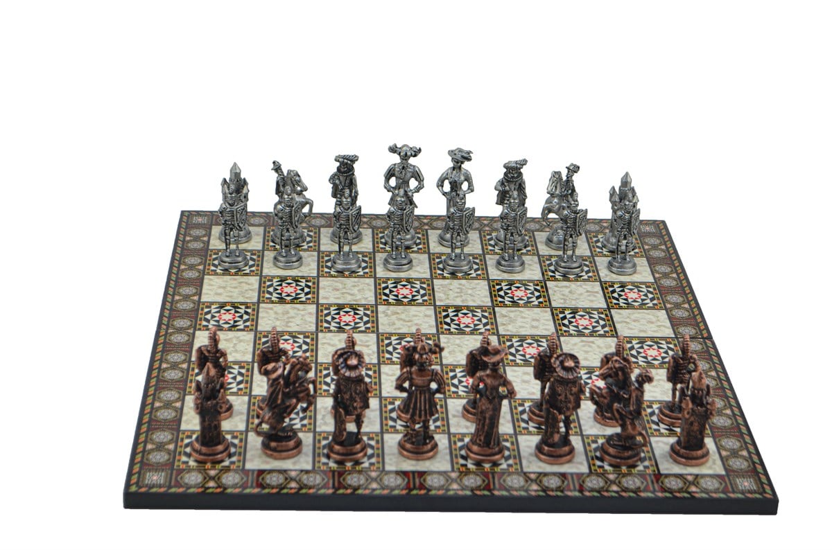 Gifthome Metal Satranç Takımı / Seti; Battal,İspanyol,Antik, Kat.Sedef Desenli Satranç Tahtası