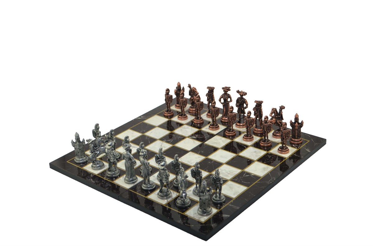 Gifthome, Metal Satranç Takımı / Seti; Battal,İspanyol,Antik, Kat.Mermer Desenli Satranç Tahtası