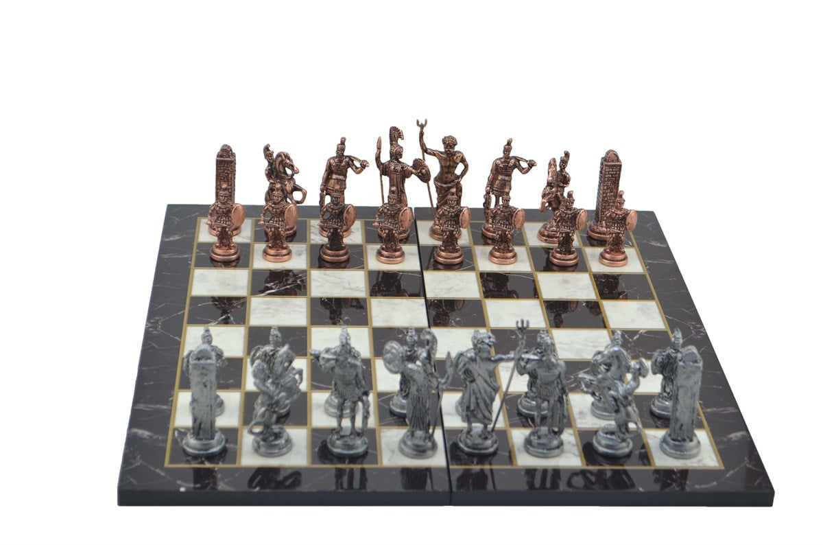 Gifthome Metal Satranç Takımı / Seti; Battal,Yunan,Antik, Kat.Mermer Desenli Satranç Tahtası