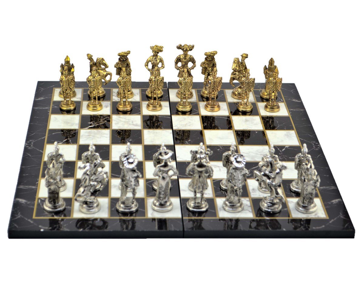 Gifthome, Metal Satranç Takımı / Seti; Battal,İspanyol,Parlak, Kat.Mermer Desenli Satranç Tahtası