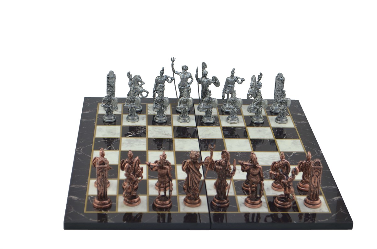 Gifthome Metal Satranç Takımı / Seti; Battal,Yunan,Antik, Kat.Mermer Desenli Satranç Tahtası