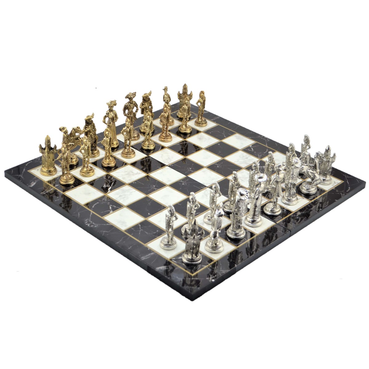 Gifthome, Metal Satranç Takımı / Seti; Battal,İspanyol,Parlak, Kat.Mermer Desenli Satranç Tahtası