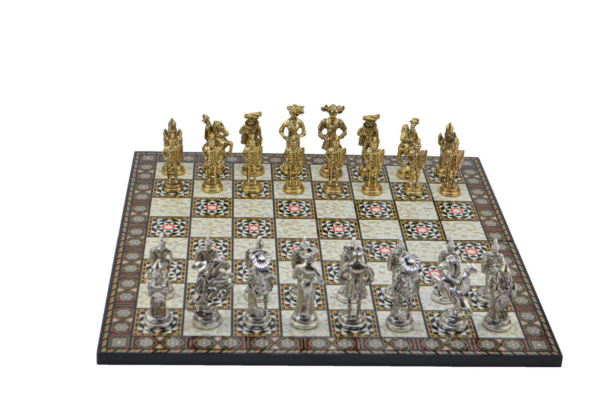 Gifthome Metal Satranç Takımı / Seti; Battal,İspanyol,Parlak, Kat.Sedef Desenli Satranç Tahtası