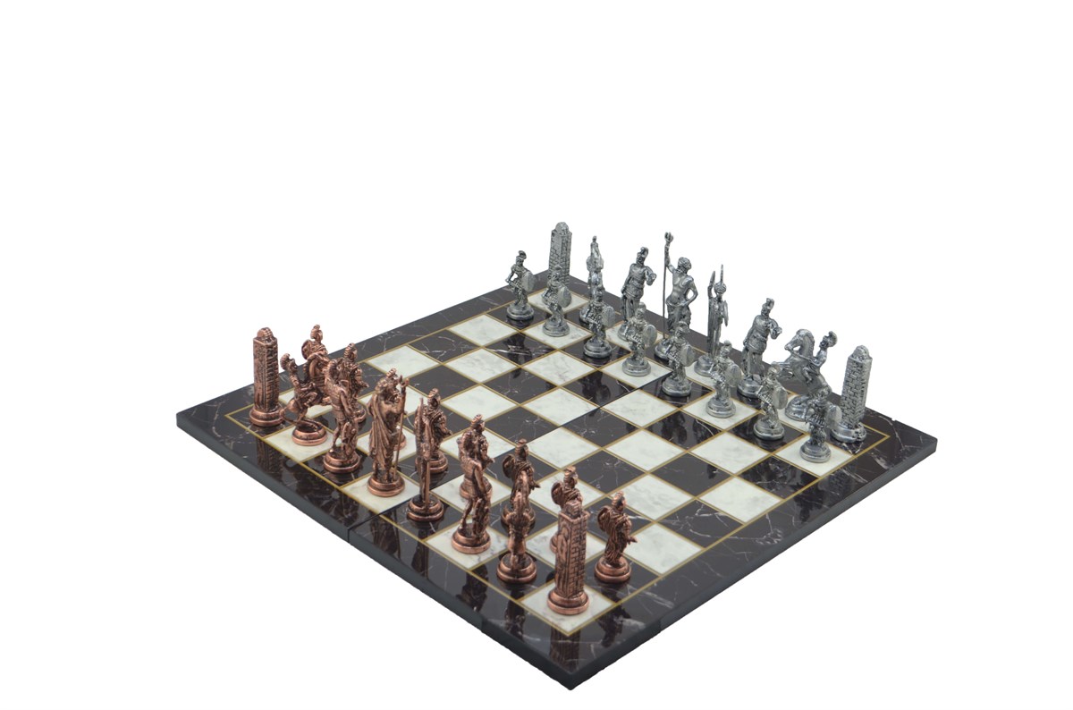 Gifthome Metal Satranç Takımı / Seti; Battal,Yunan,Antik, Kat.Mermer Desenli Satranç Tahtası