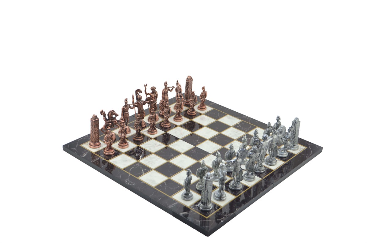 Gifthome Metal Satranç Takımı / Seti; Battal,Yunan,Antik, Kat.Mermer Desenli Satranç Tahtası