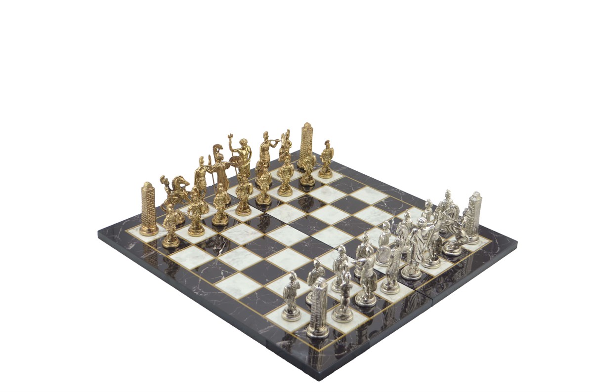 Gifthome, Metal Satranç Takımı / Seti; Battal,Yunan,Parlak, Kat.Mermer Desenli Satranç Tahtası