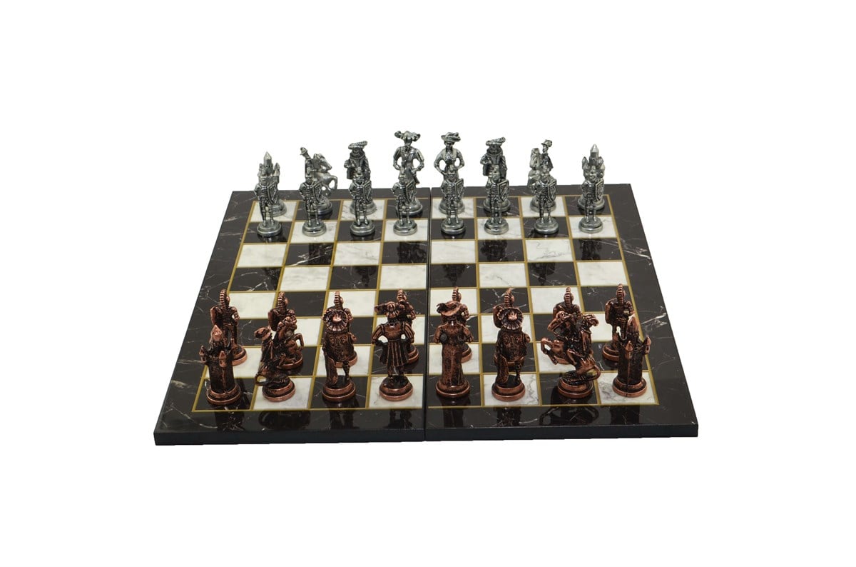 Gifthome, Metal Satranç Takımı / Seti; Battal,İspanyol,Antik, Kat.Mermer Desenli Satranç Tahtası