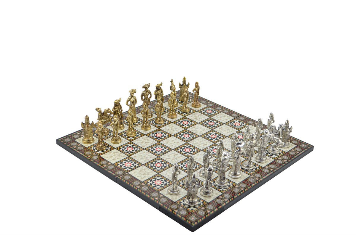 Gifthome Metal Satranç Takımı / Seti; Battal,İspanyol,Parlak, Kat.Sedef Desenli Satranç Tahtası