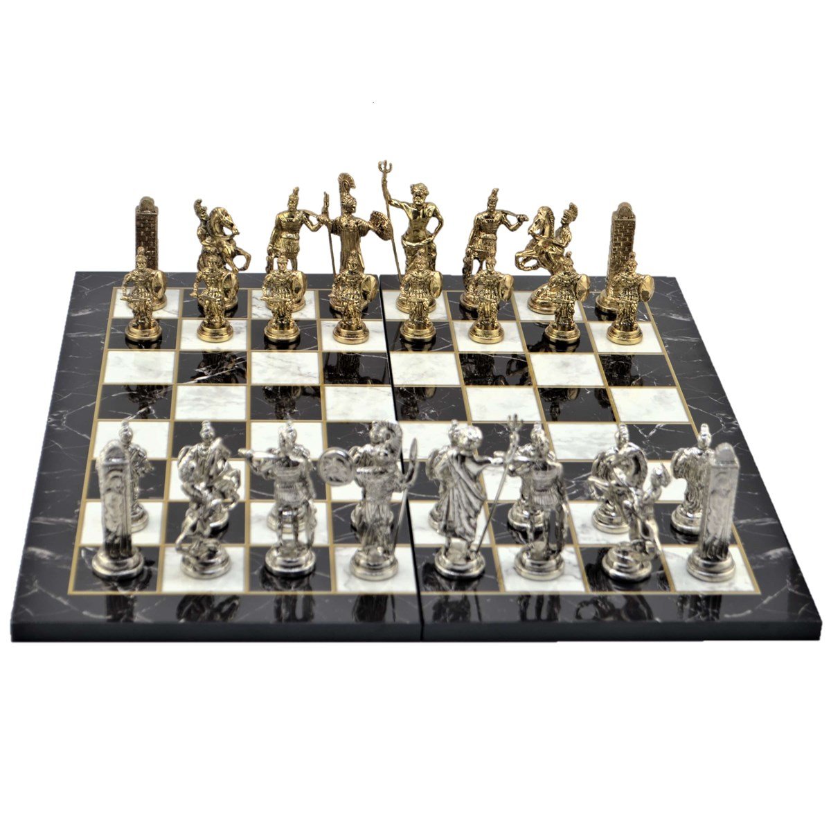 Gifthome, Metal Satranç Takımı / Seti; Battal,Yunan,Parlak, Kat.Mermer Desenli Satranç Tahtası
