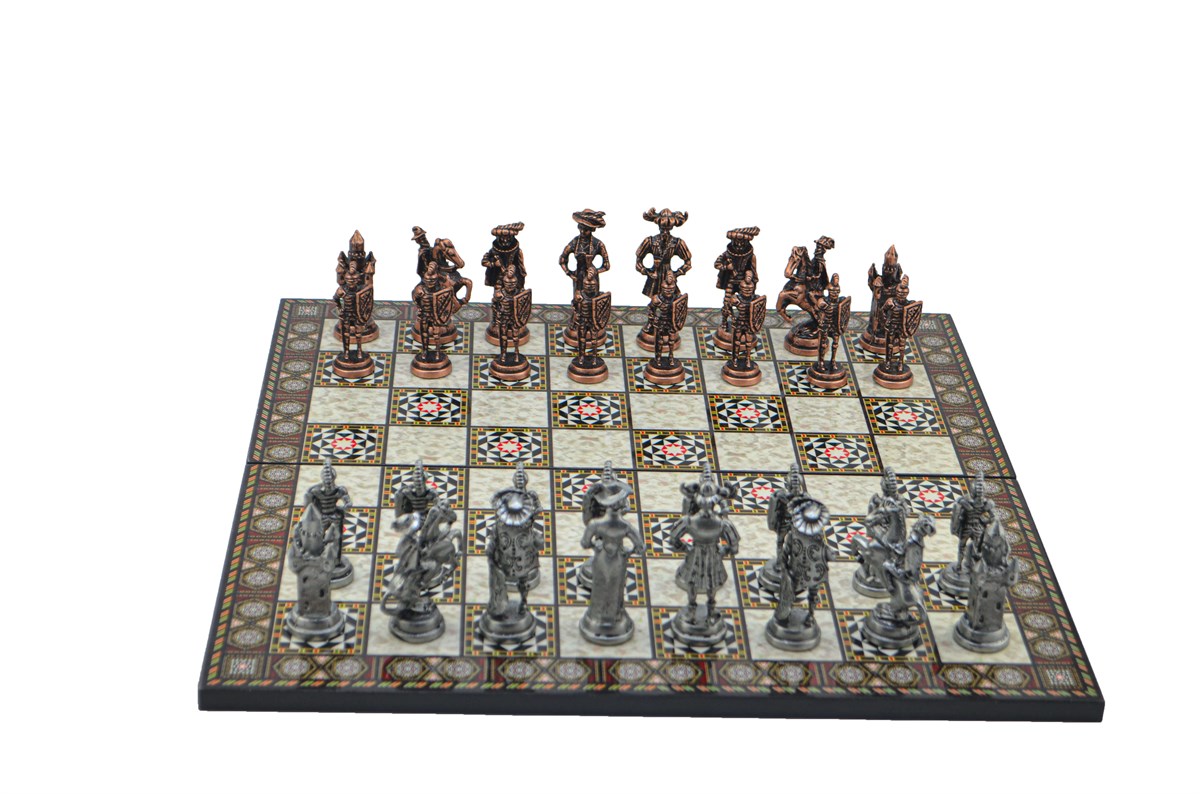 Gifthome Metal Satranç Takımı / Seti; Battal,İspanyol,Antik, Kat.Sedef Desenli Satranç Tahtası