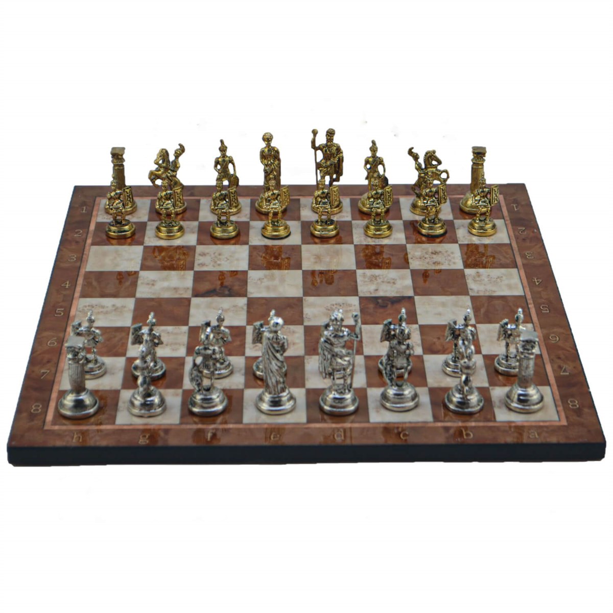 Gifthome Metal Satranç Takımı / Seti; Orta, Roma, Parlak Taş ve Mocha Desenli Satranç Tahtası