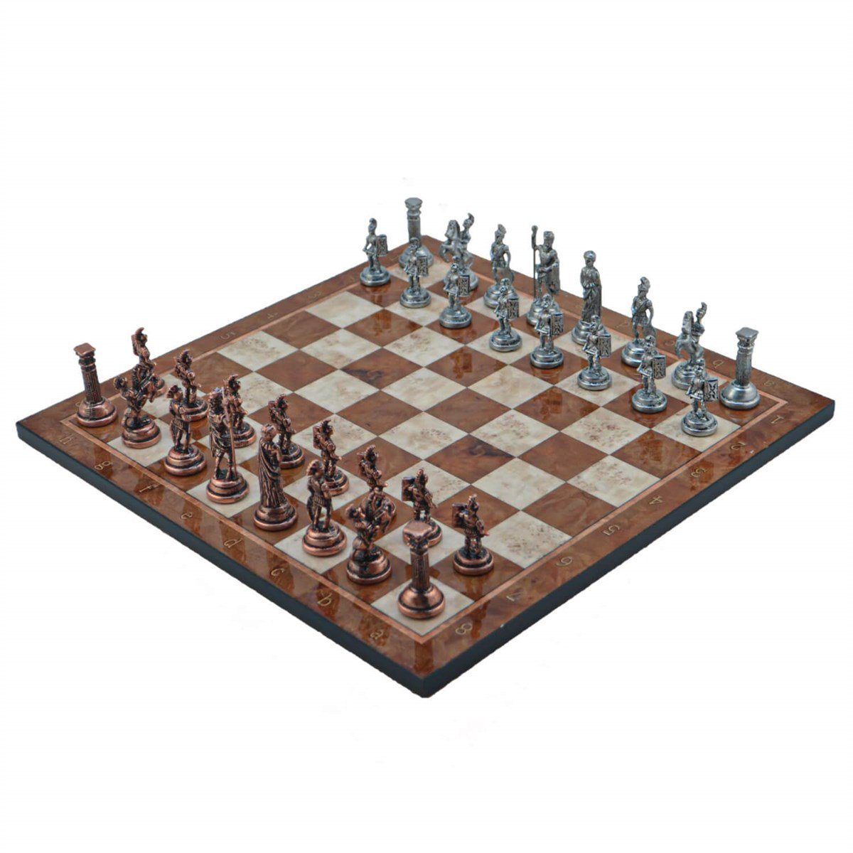 Gifthome Metal Satranç Takımı / Seti; Orta, Roma, Antik Taş ve Mocha Desenli Satranç Tahtası