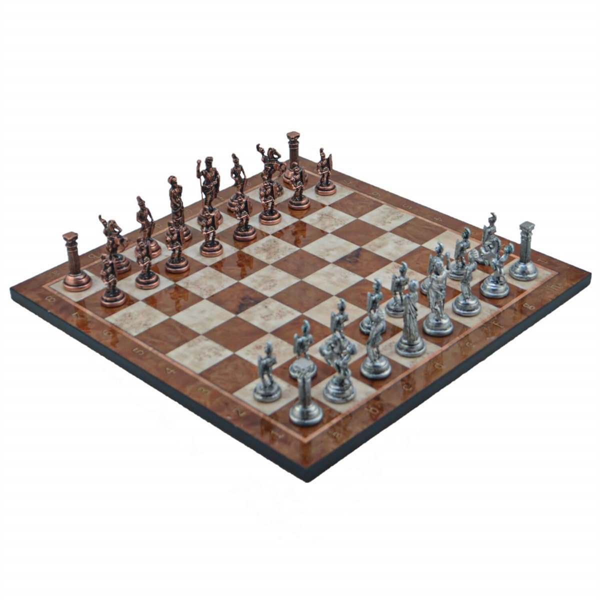 Gifthome Metal Satranç Takımı / Seti; Orta, Roma, Antik Taş ve Mocha Desenli Satranç Tahtası