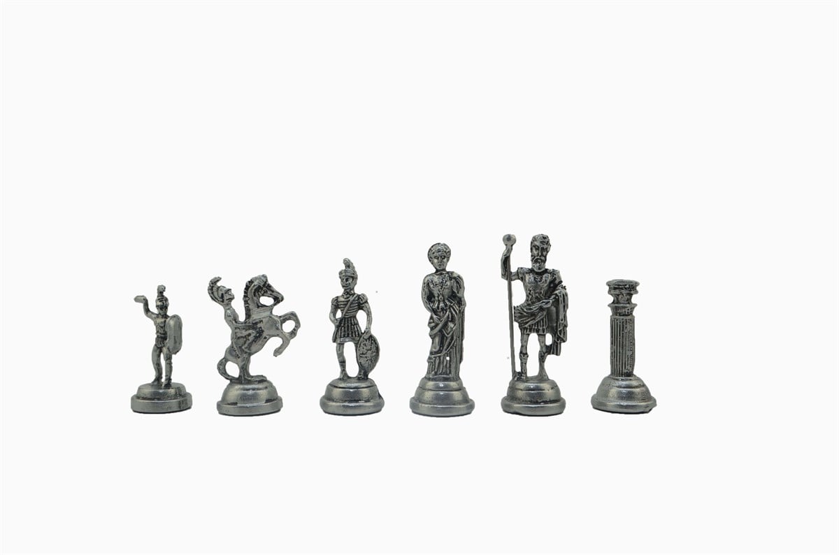 Gifthome Metal Satranç Takımı / Seti; Orta, Roma, Antik Taş ve Mocha Desenli Satranç Tahtası