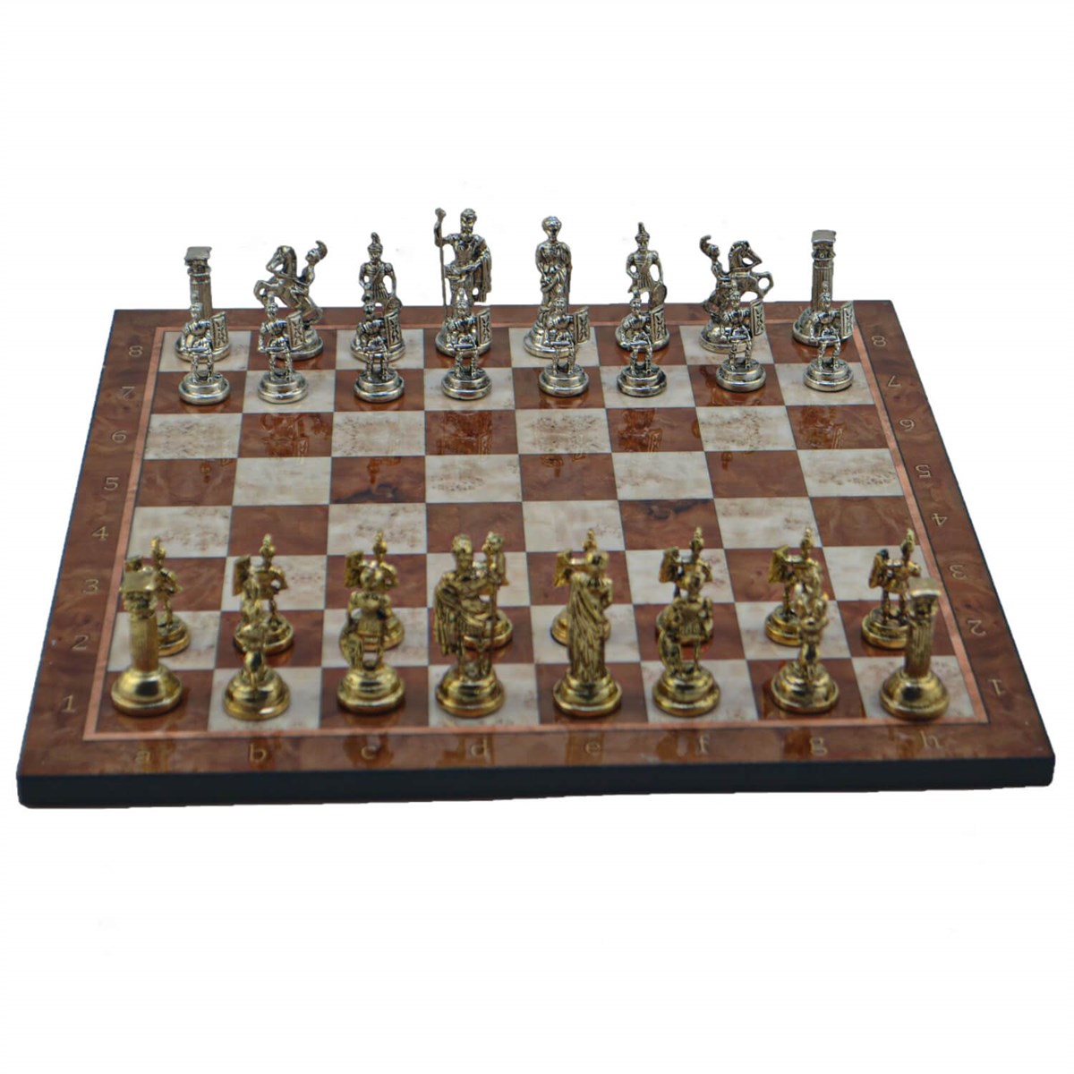 Gifthome Metal Satranç Takımı / Seti; Orta, Roma, Parlak Taş ve Mocha Desenli Satranç Tahtası