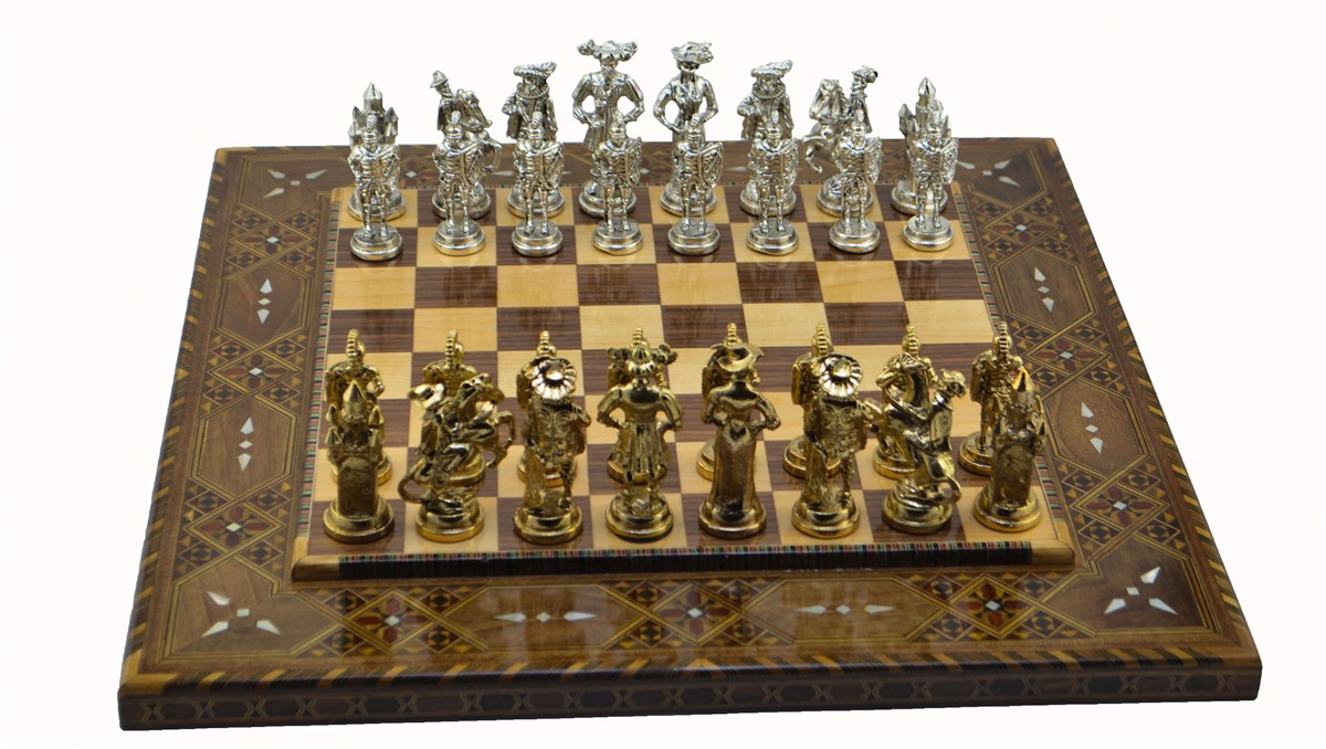 Gifthome Metal Satranç Takımı / Seti;Battal,İspanyol,Parlak Taş,Düz Sedefli Satranç Tahtası
