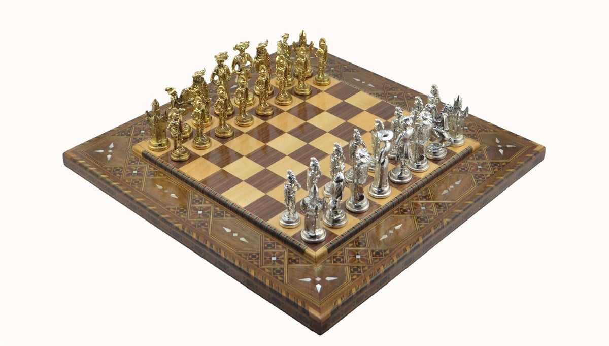 Gifthome Metal Satranç Takımı / Seti;Battal,İspanyol,Parlak Taş,Düz Sedefli Satranç Tahtası