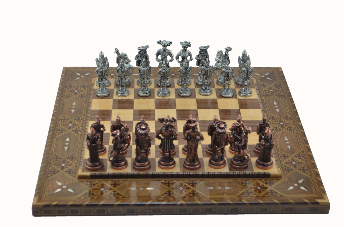 Gifthome Metal Satranç Takımı / Seti;Battal,İspanyol,Antik Taş,Düz Sedefli Satranç Tahtası