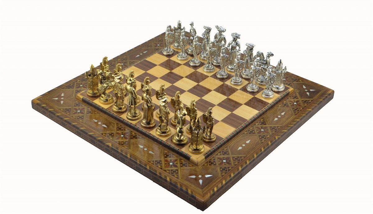 Gifthome Metal Satranç Takımı / Seti;Battal,İspanyol,Parlak Taş,Düz Sedefli Satranç Tahtası