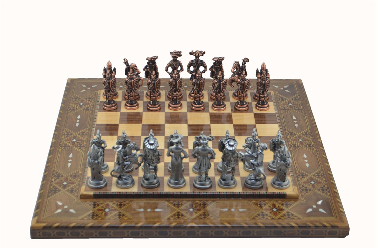 Gifthome Metal Satranç Takımı / Seti;Battal,İspanyol,Antik Taş,Düz Sedefli Satranç Tahtası
