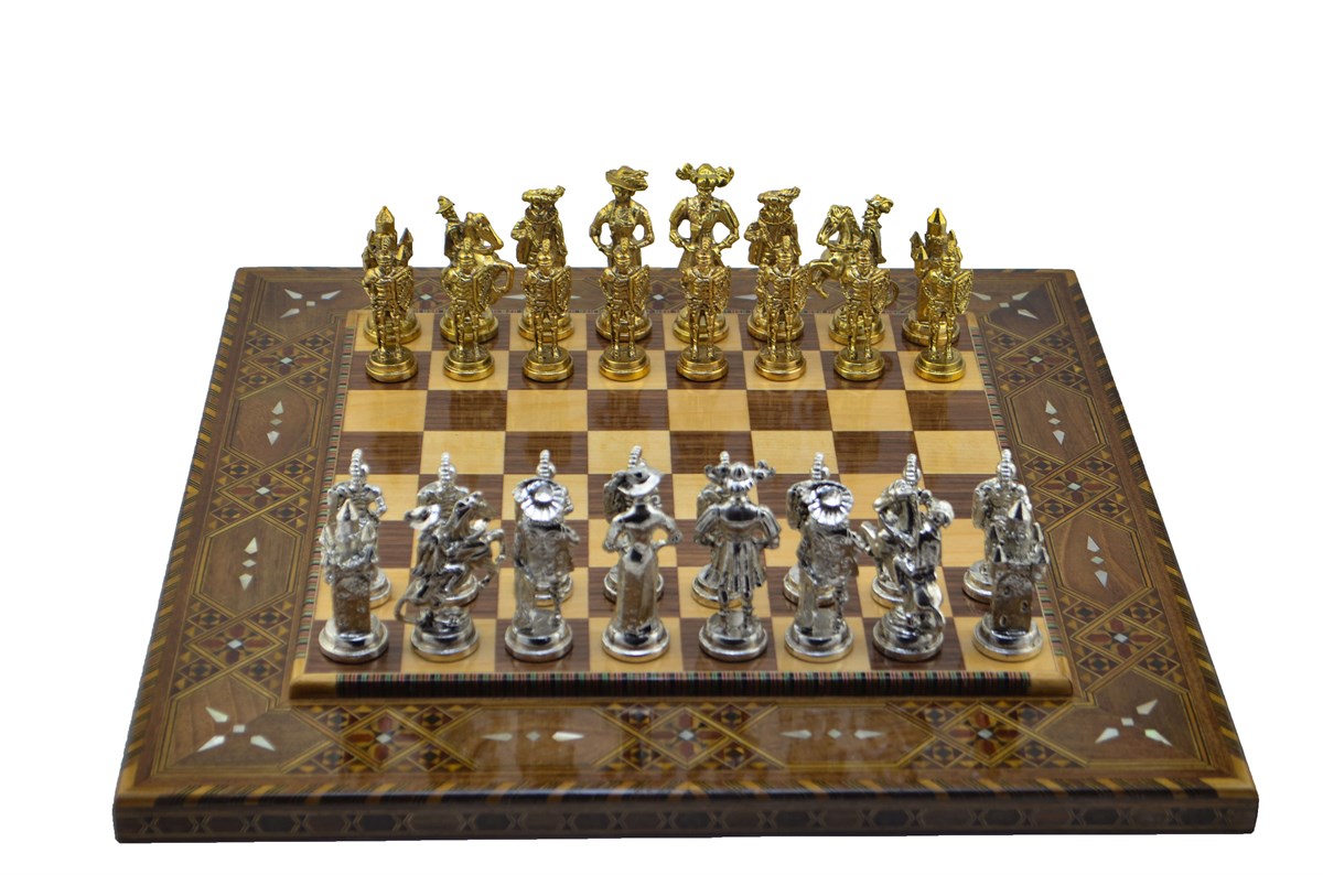 Gifthome Metal Satranç Takımı / Seti;Battal,İspanyol,Parlak Taş,Düz Sedefli Satranç Tahtası