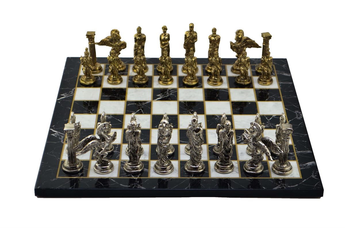 Gifthome Metal Satranç Takımı / Seti;Büyük,Pegasus,Parlak Taş ve Düz Mermer Desenli Satranç Tahtası